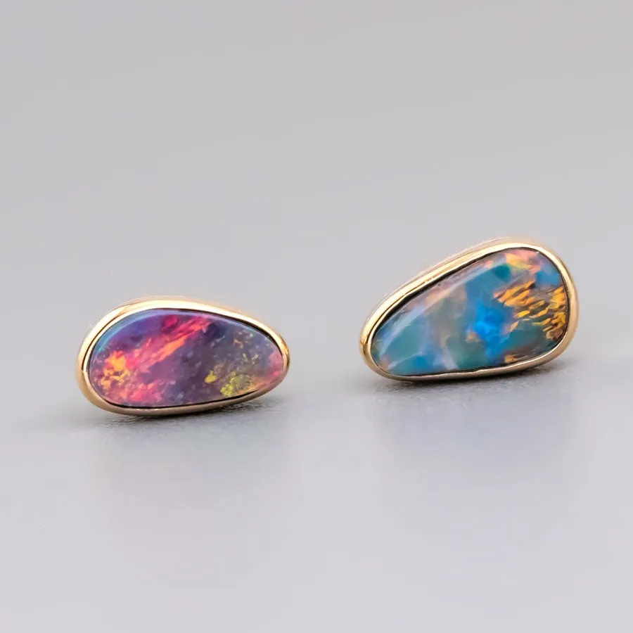 Minimalist Free Shaped Australian Doublet Opal Stud Earrings 18K Yellow Gold
