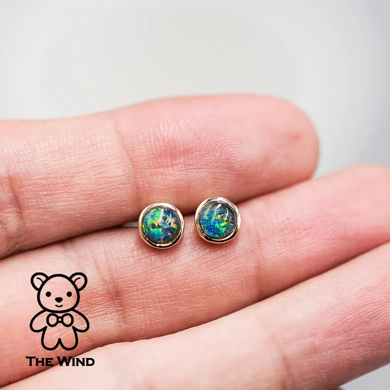 Minimalist Round Shaped Australian Triplet Opal Stud Earrings 14K Yellow Gold
