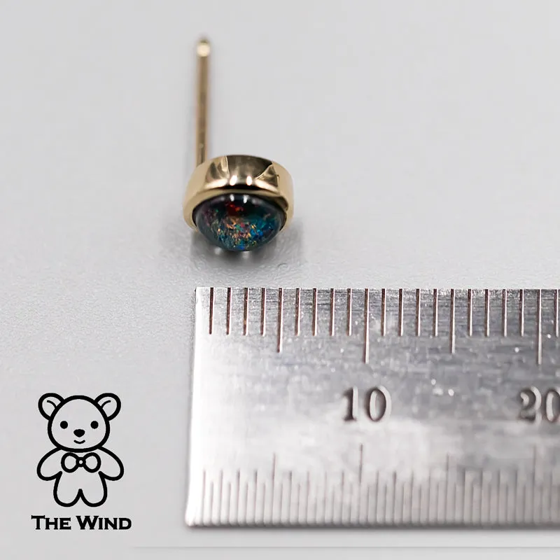 Minimalist Round Shaped Australian Triplet Opal Stud Earrings 14K Yellow Gold