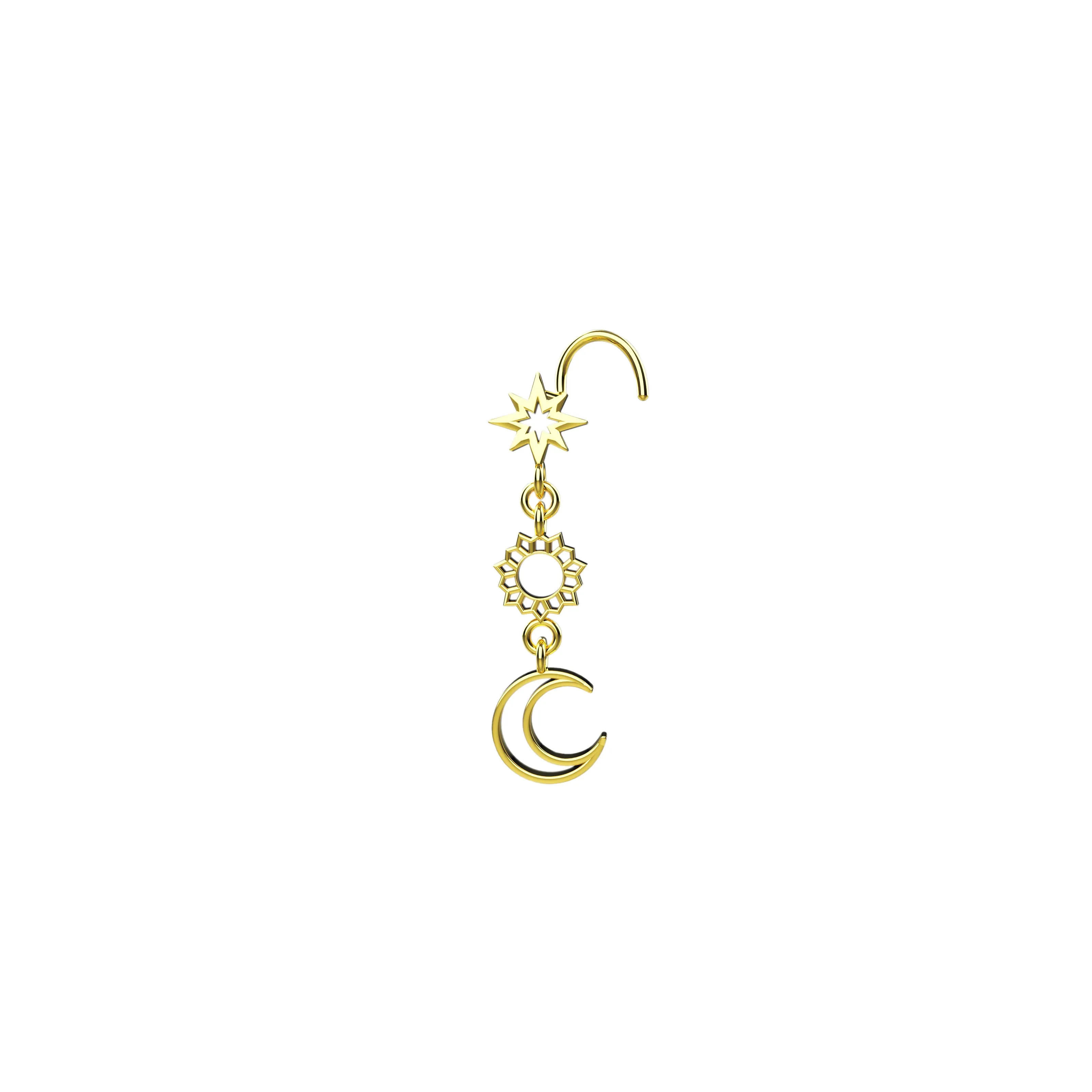 Moon Charm Dangle Nose Ring – 20G Gold Piercing Jewelry for Women
