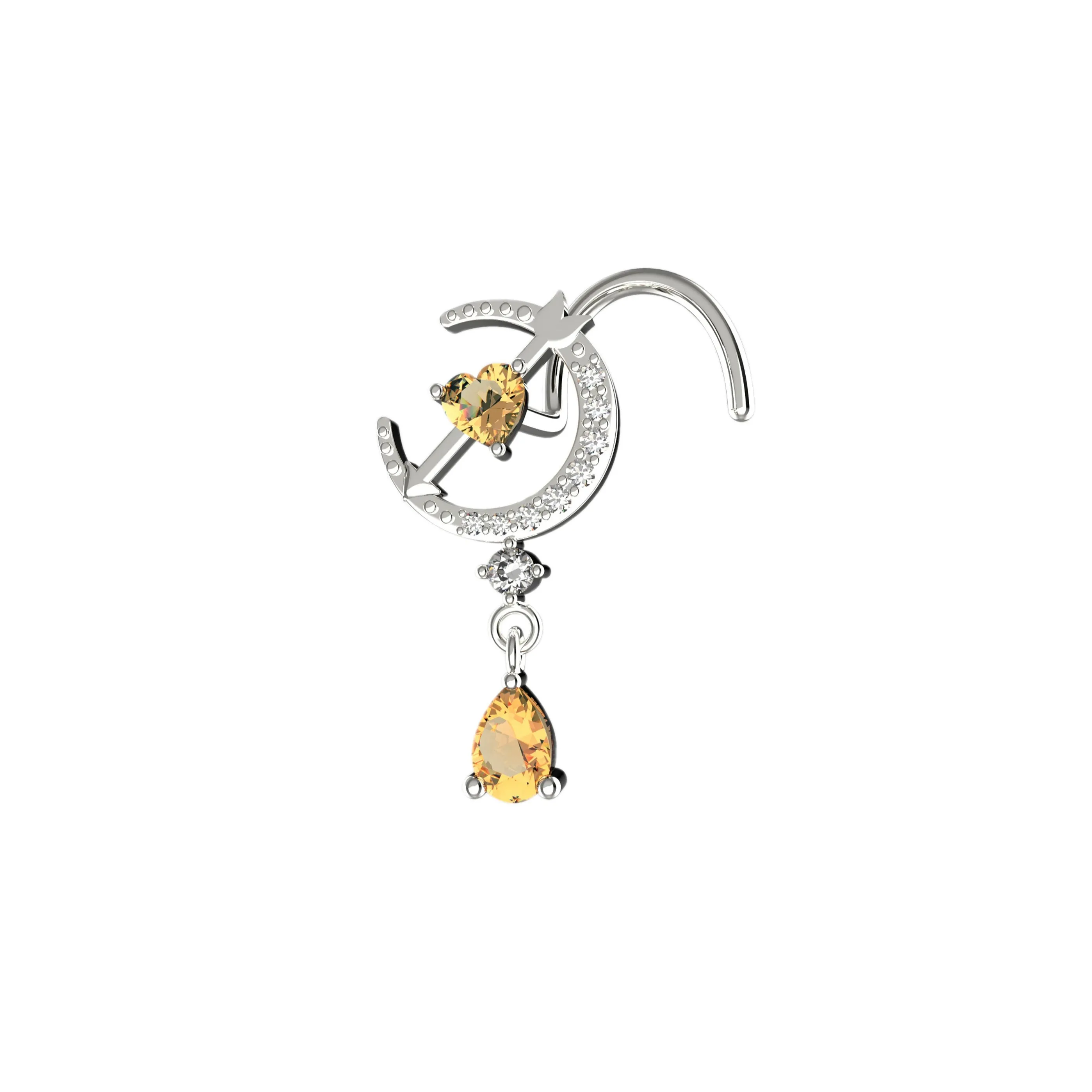 Moon Dangle Nose Ring with Champagne Gem – Elegant Gold Nose Jewelry