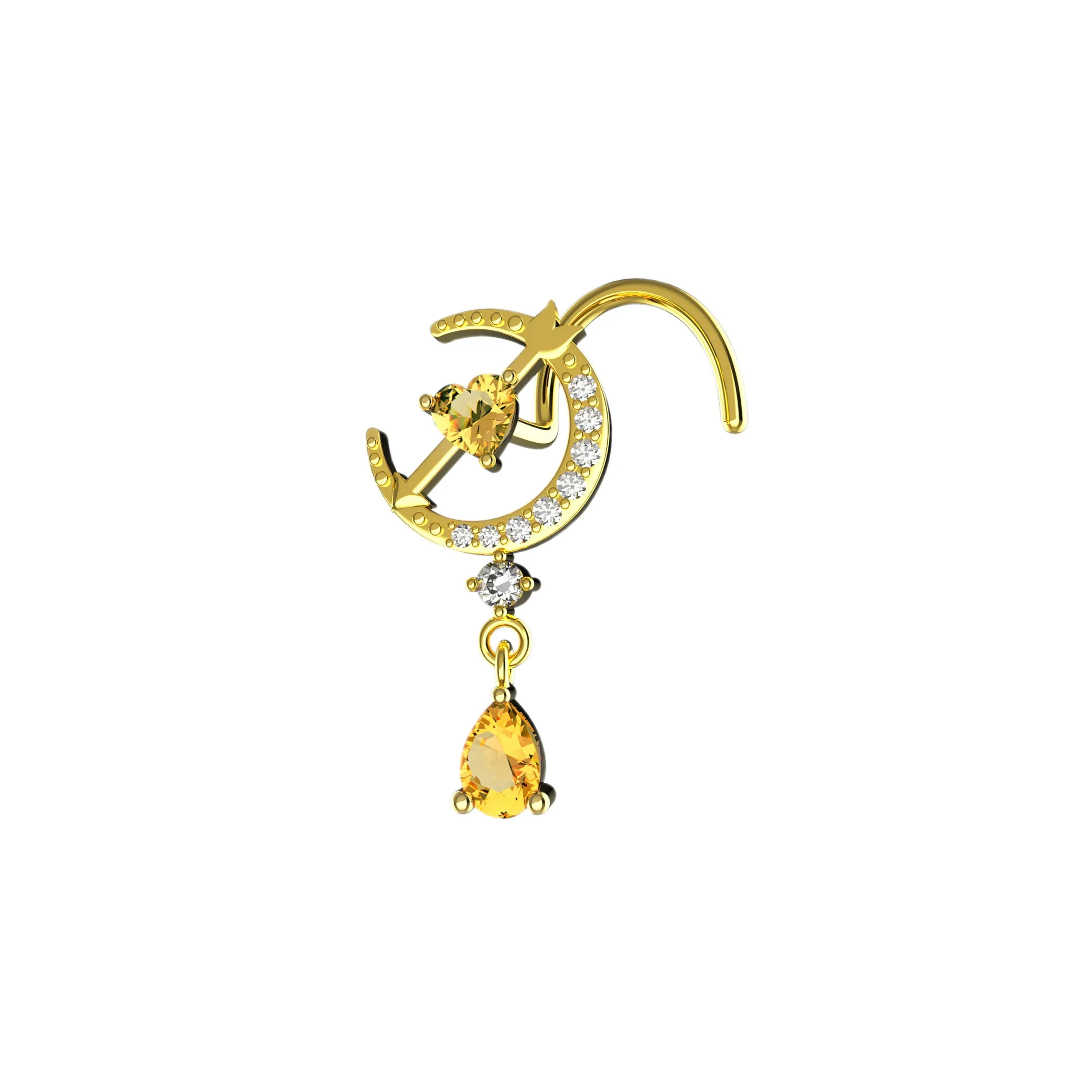 Moon Dangle Nose Ring with Champagne Gem – Elegant Gold Nose Jewelry