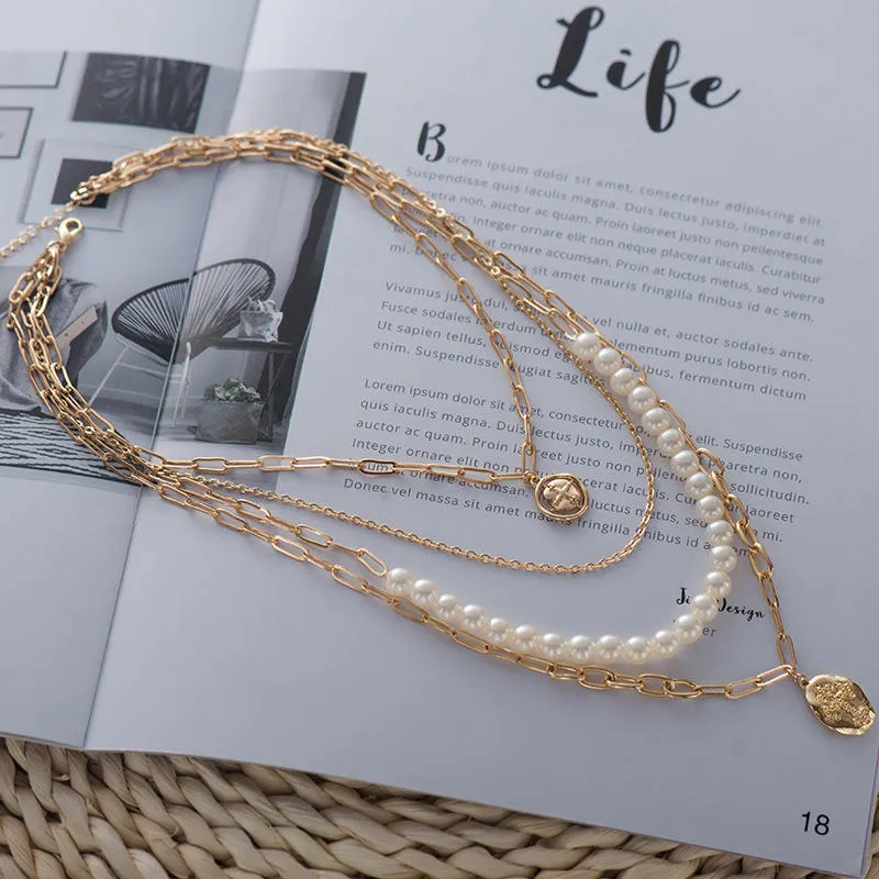 Multi layer Pearl & Gold Necklace set