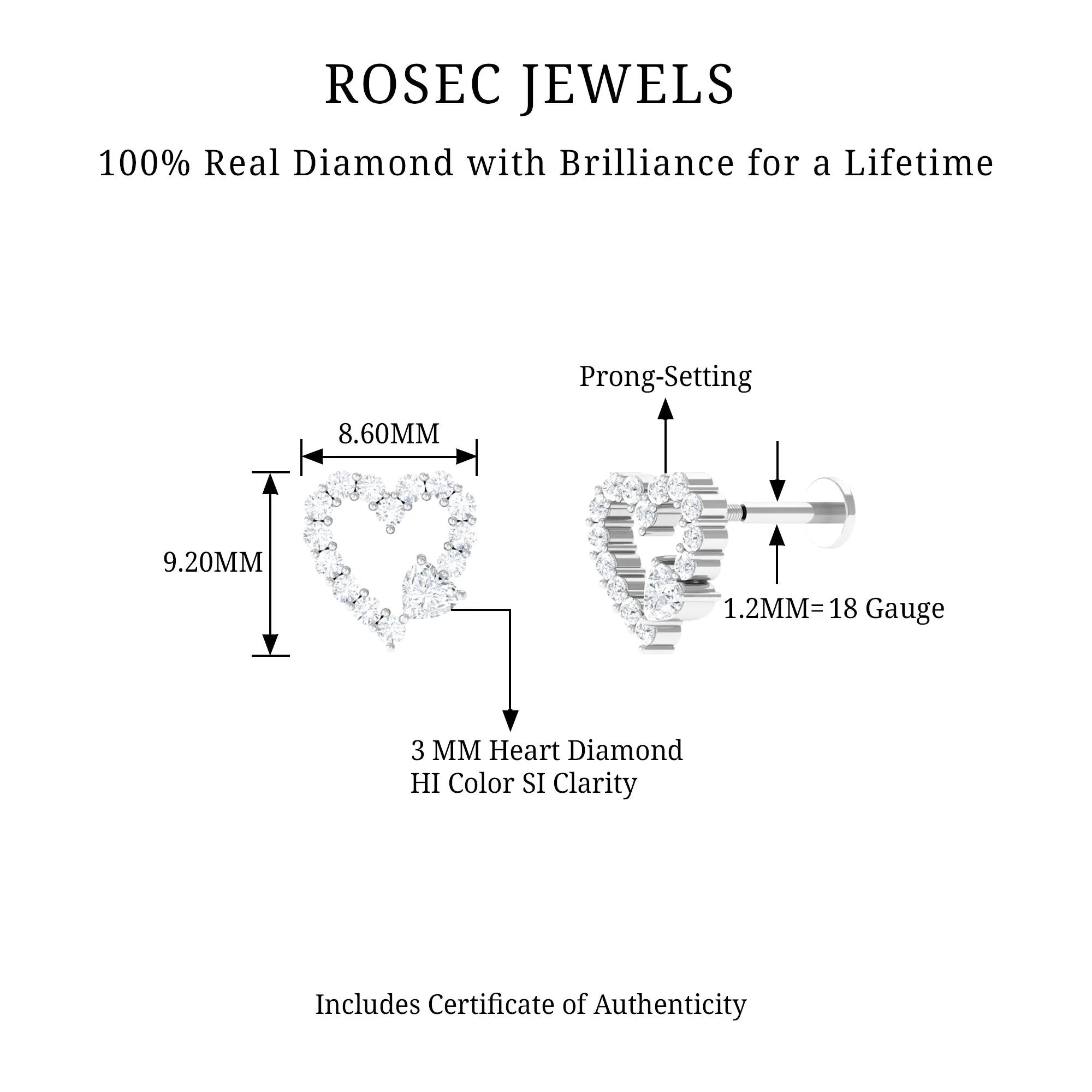 Natural Diamond Open Heart Earring for Second Hole Piercing