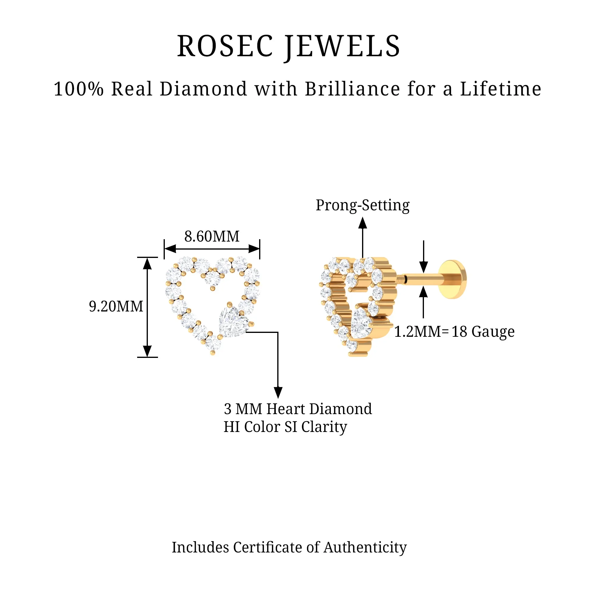 Natural Diamond Open Heart Earring for Second Hole Piercing