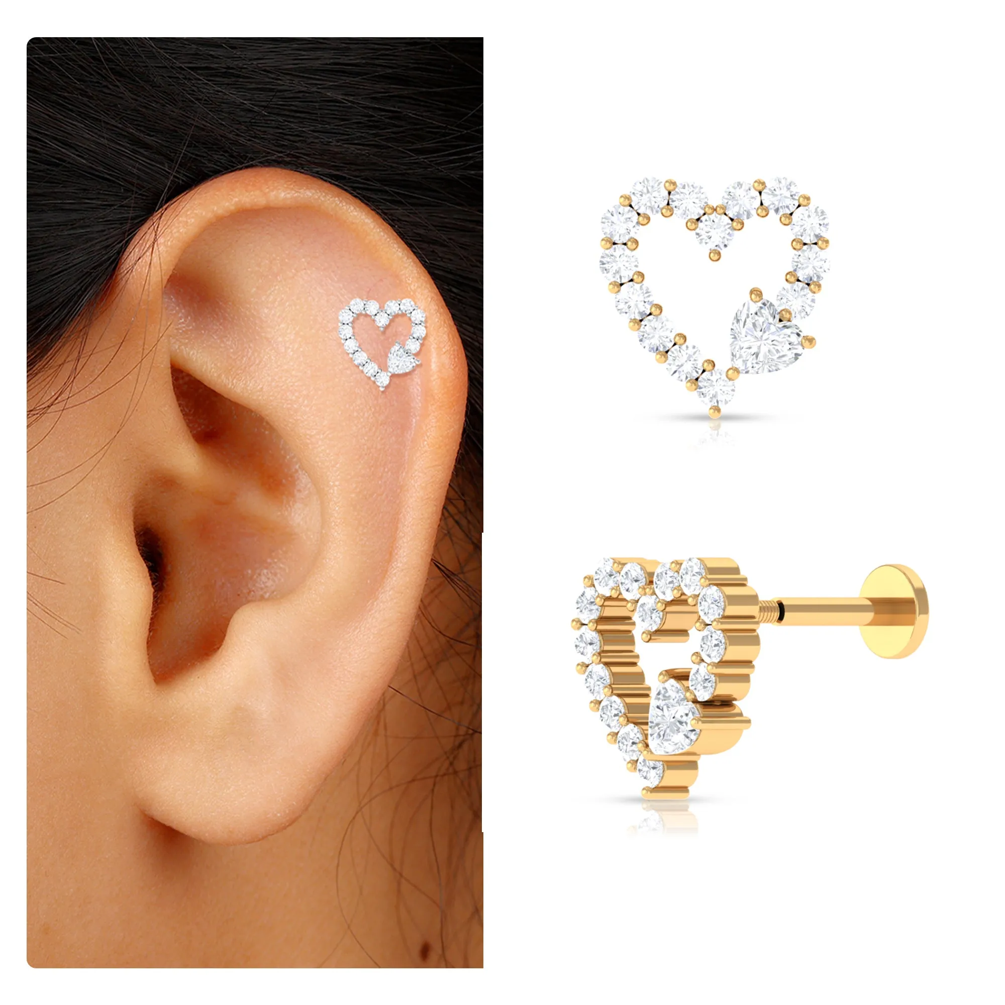 Natural Diamond Open Heart Earring for Second Hole Piercing