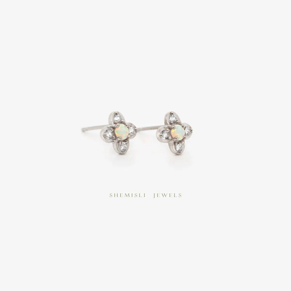 Opal CZ Stone Clover Flower Studs, Gold, Silver SHEMISLI - SS215