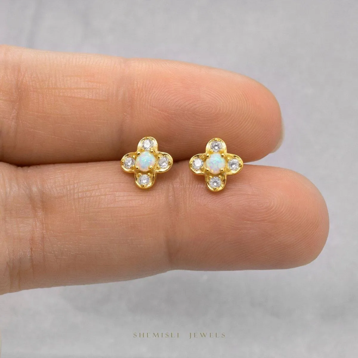 Opal CZ Stone Clover Flower Studs, Gold, Silver SHEMISLI - SS215