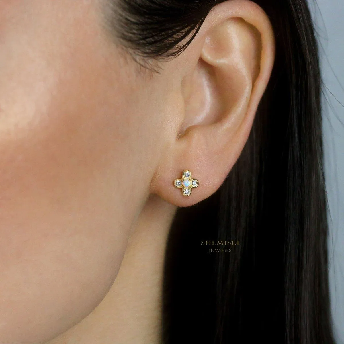 Opal CZ Stone Clover Flower Studs, Gold, Silver SHEMISLI - SS215