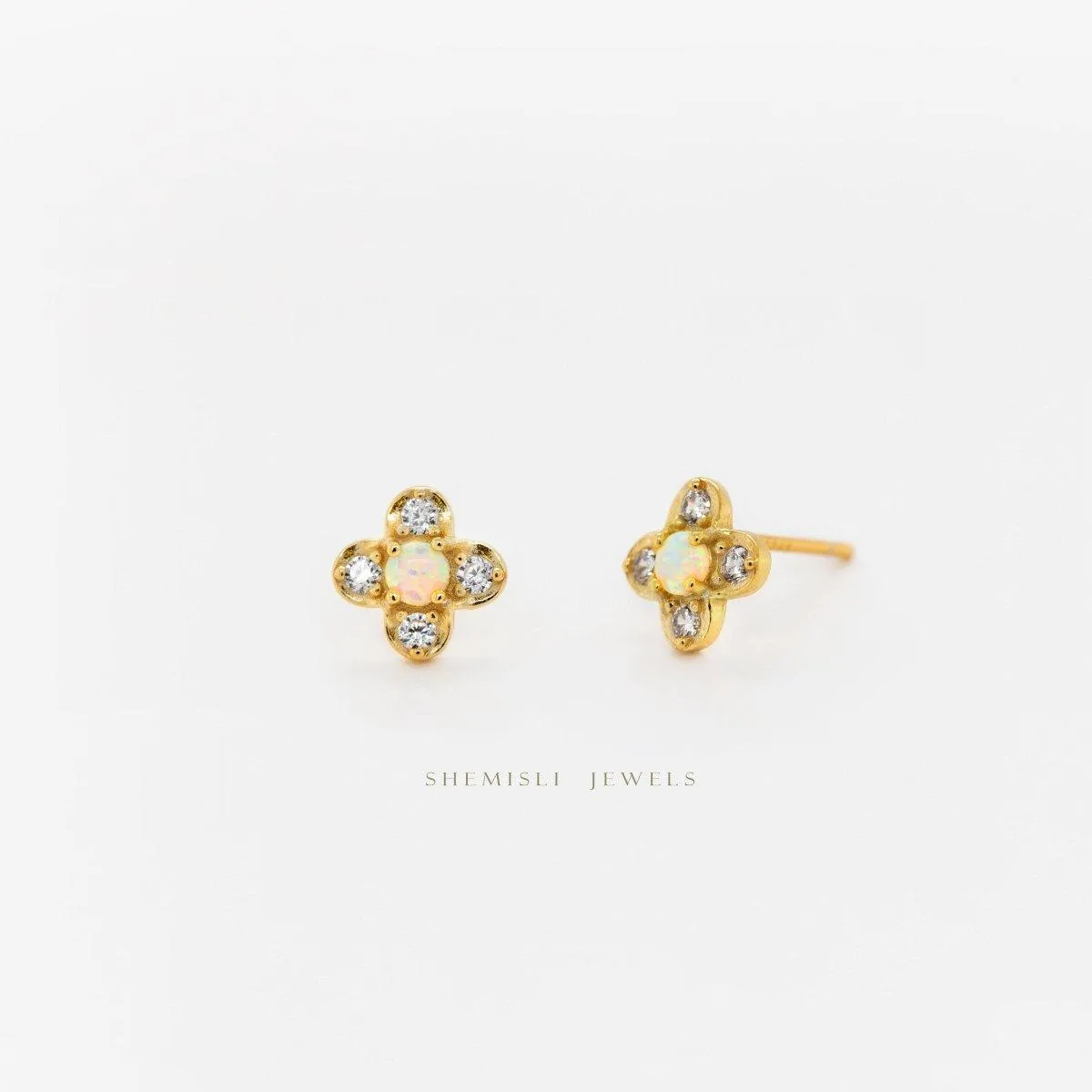 Opal CZ Stone Clover Flower Studs, Gold, Silver SHEMISLI - SS215