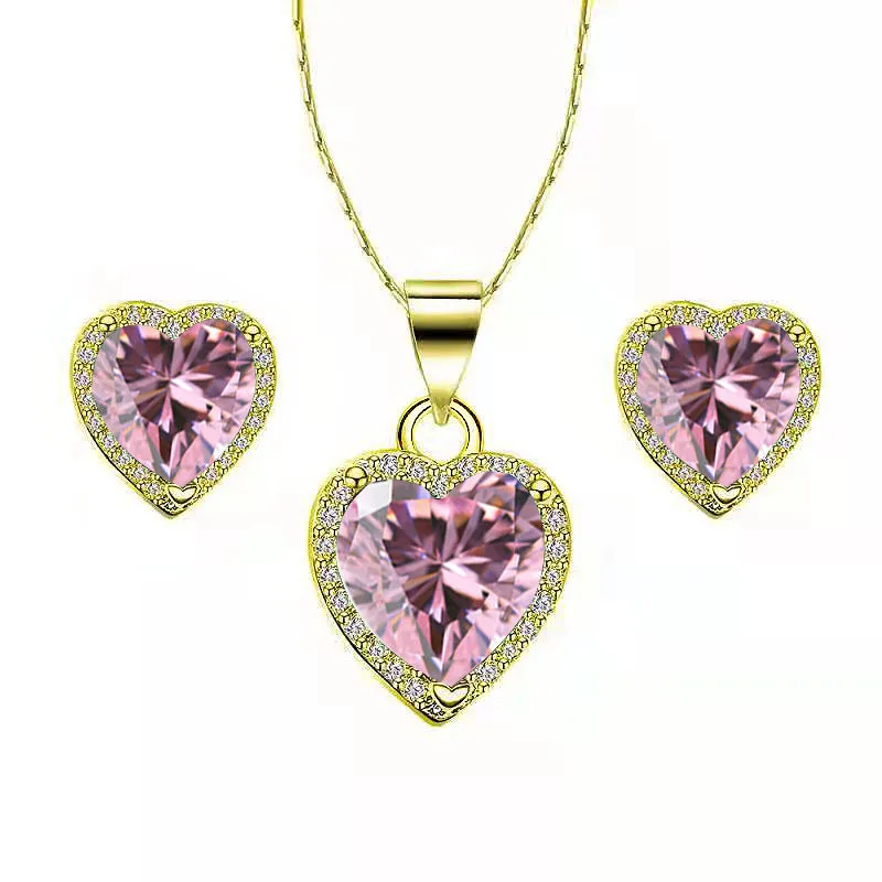 Paris Jewelry 18k Yellow Gold Plated Heart 4 Carat Created Pink Sapphire Full Set Necklace, Earrings 18 Inch