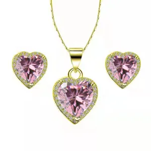 Paris Jewelry 18k Yellow Gold Plated Heart 4 Carat Created Pink Sapphire Full Set Necklace, Earrings 18 Inch