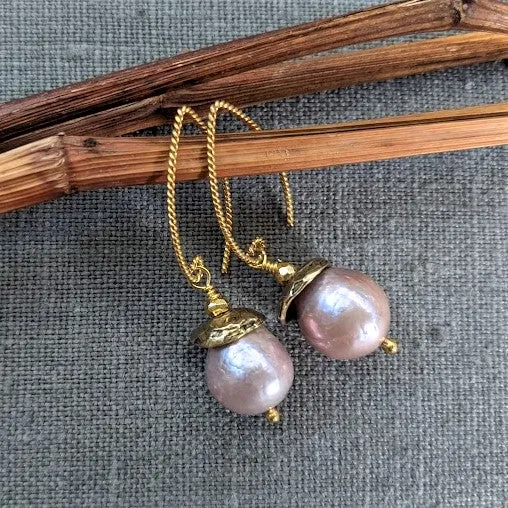 Pink Edison Pearl Acorn Earrings