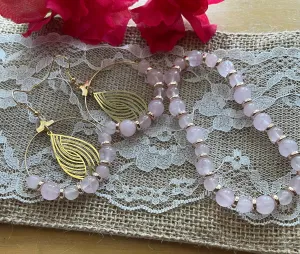 Pink Rose Quartz Earrings |  Pink Stone Bracelet | Etched Gold Charm | Gold Spacers | Gifts | Birthday Presents | Moms