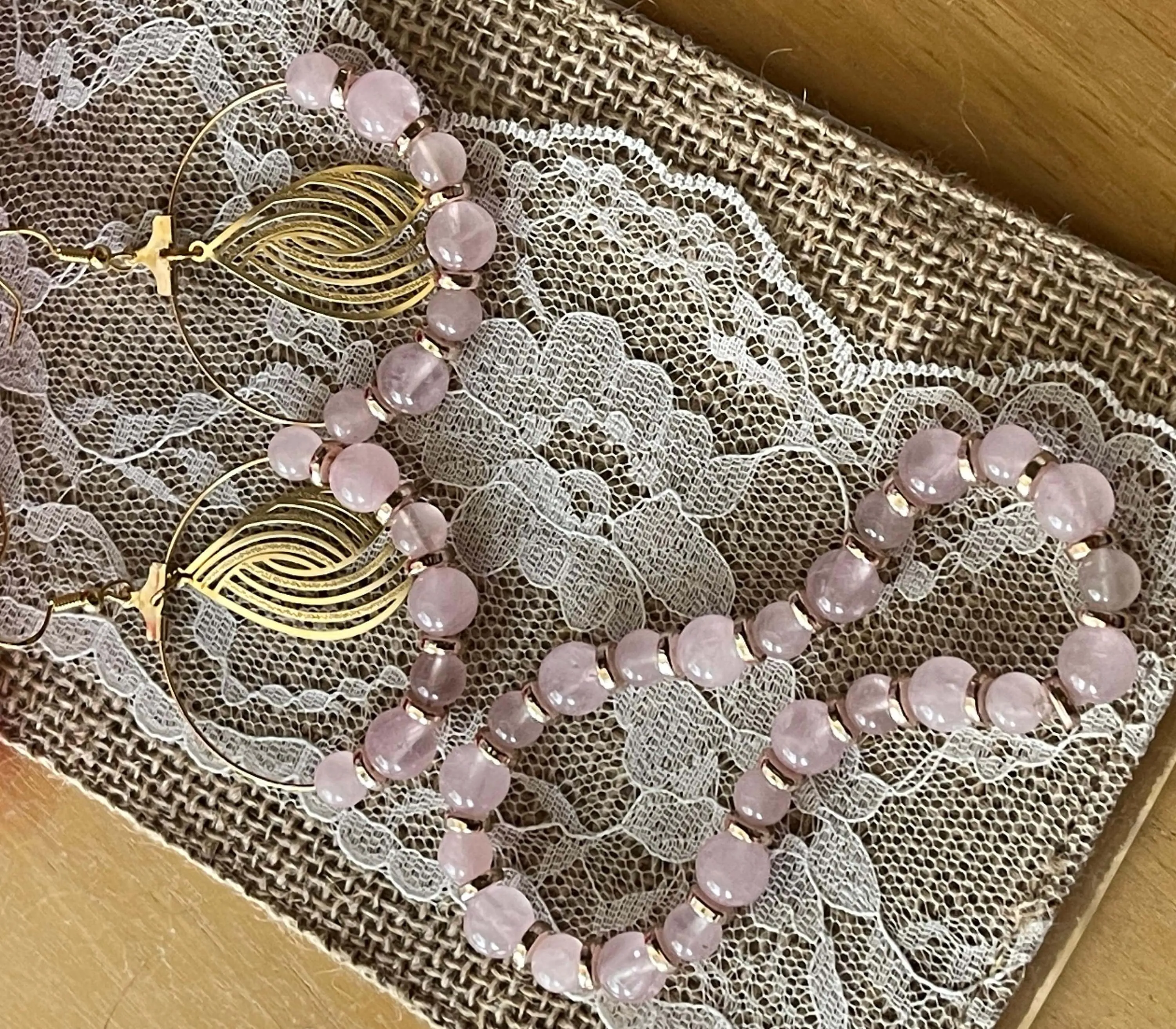 Pink Rose Quartz Earrings |  Pink Stone Bracelet | Etched Gold Charm | Gold Spacers | Gifts | Birthday Presents | Moms