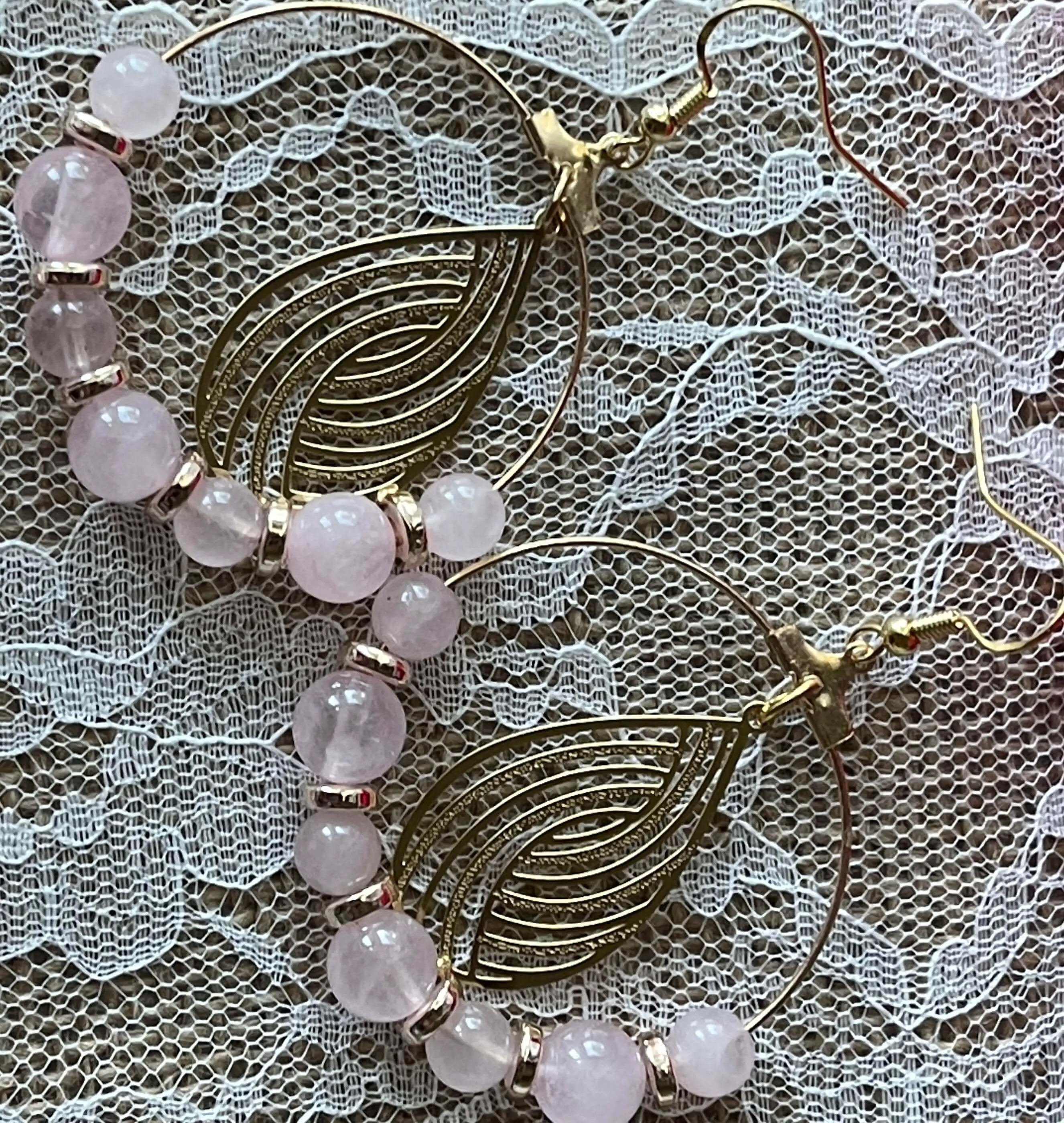 Pink Rose Quartz Earrings |  Pink Stone Bracelet | Etched Gold Charm | Gold Spacers | Gifts | Birthday Presents | Moms
