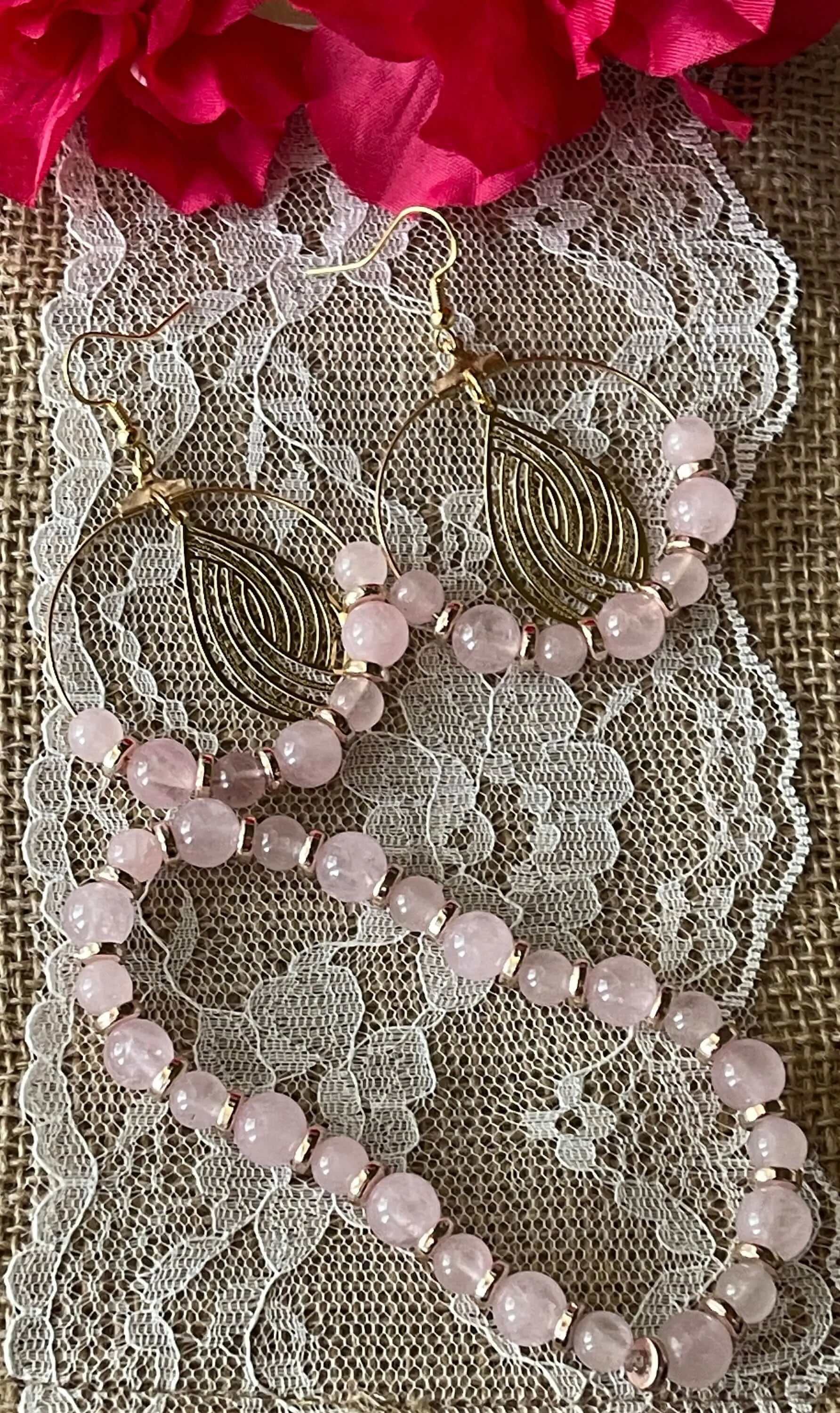 Pink Rose Quartz Earrings |  Pink Stone Bracelet | Etched Gold Charm | Gold Spacers | Gifts | Birthday Presents | Moms
