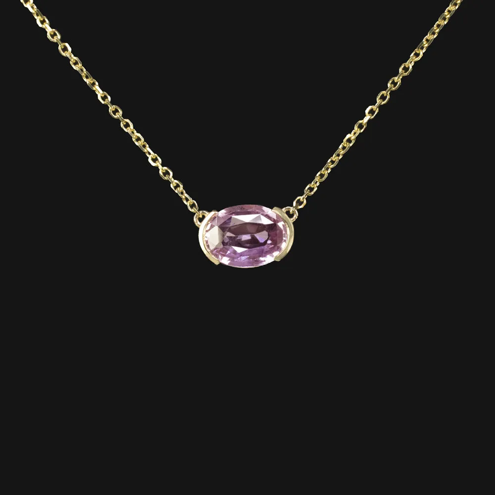 PINK SAPPHIRE PENDANT NECKLACE OVAL CUT EAST WEST 14k YELLOW GOLD NATURAL 1.17ct