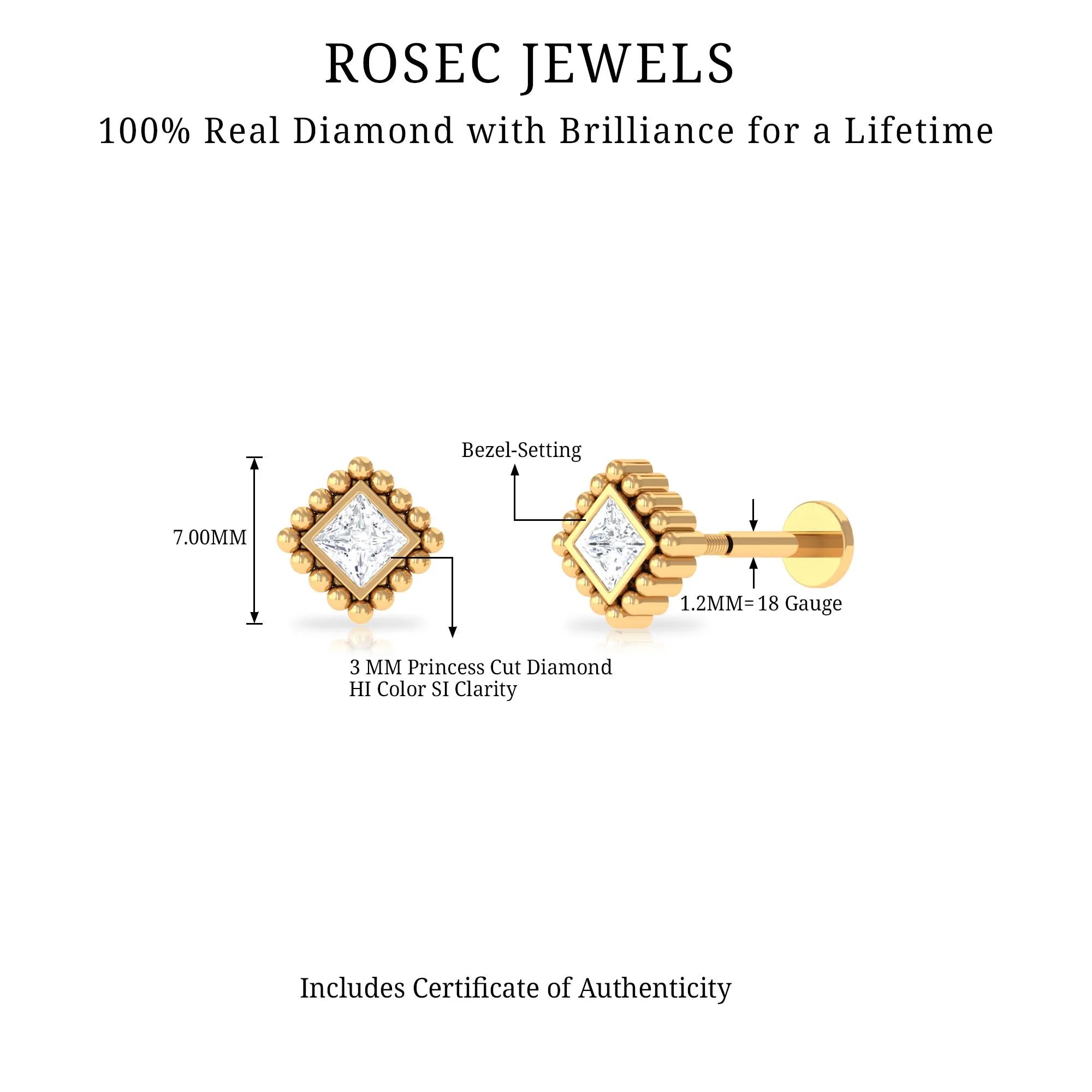 Princess Cut Diamond Solitaire Earring in Beaded Bezel Setting
