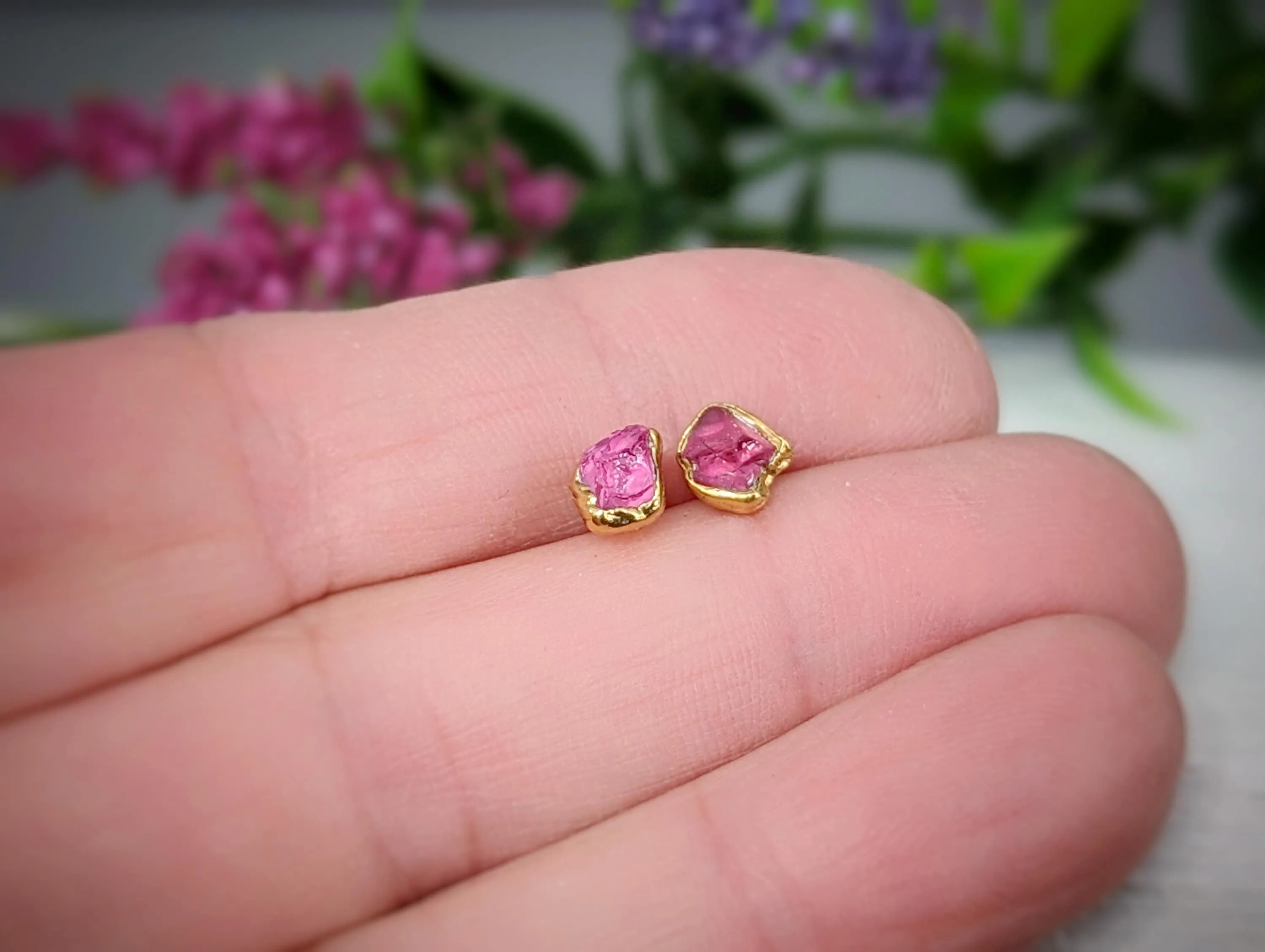 Raw Pink Spinel stud earrings
