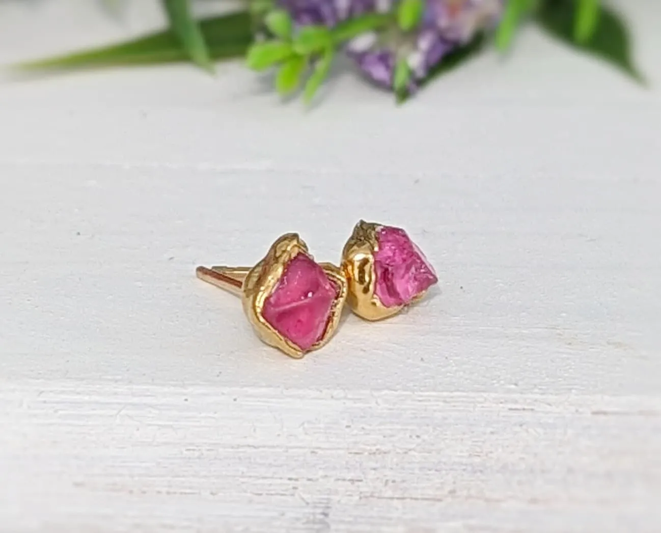Raw Pink Spinel stud earrings