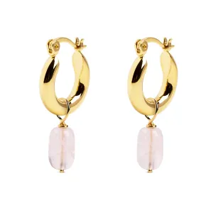Rose Quartz Charm Gold Hoop Earrings