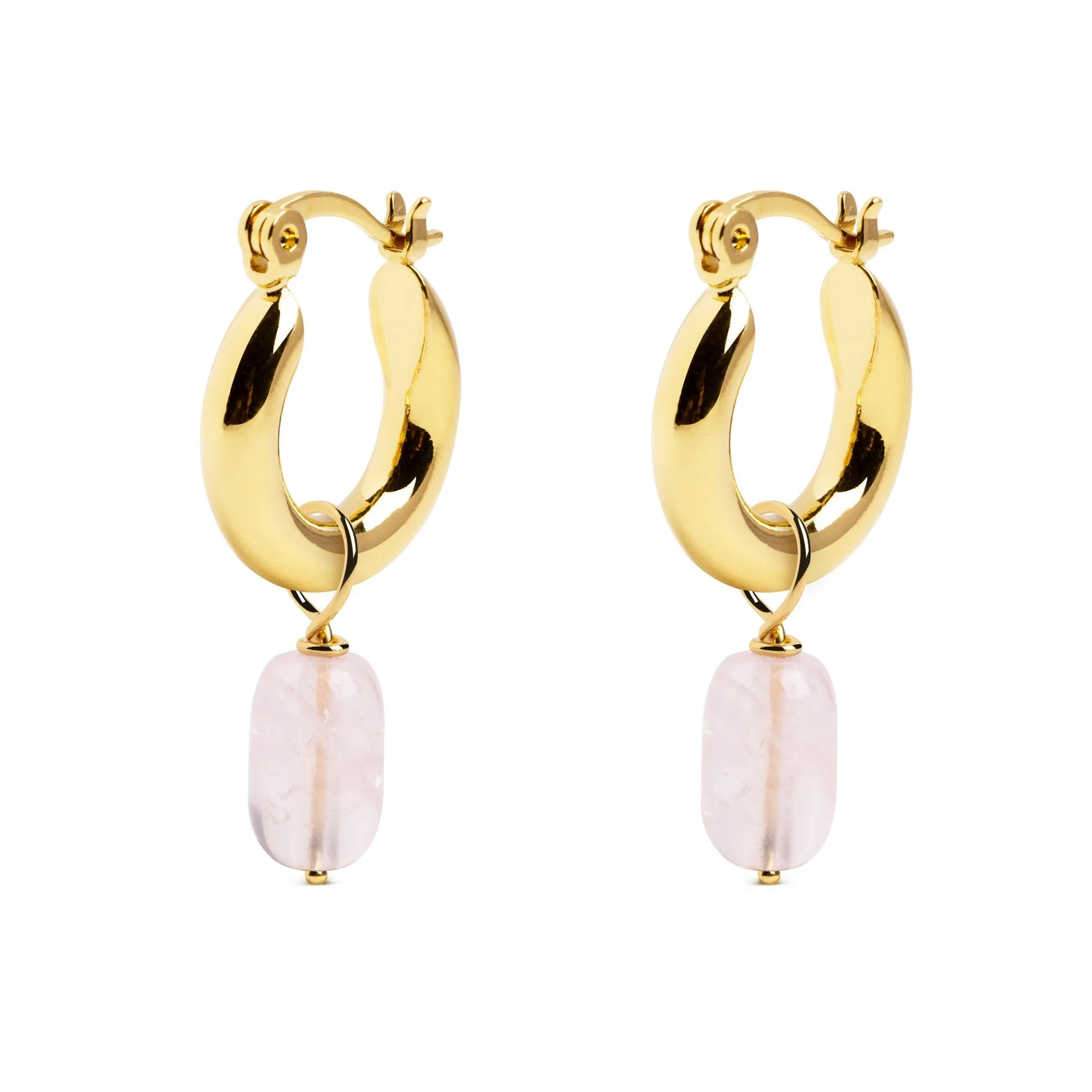 Rose Quartz Charm Gold Hoop Earrings