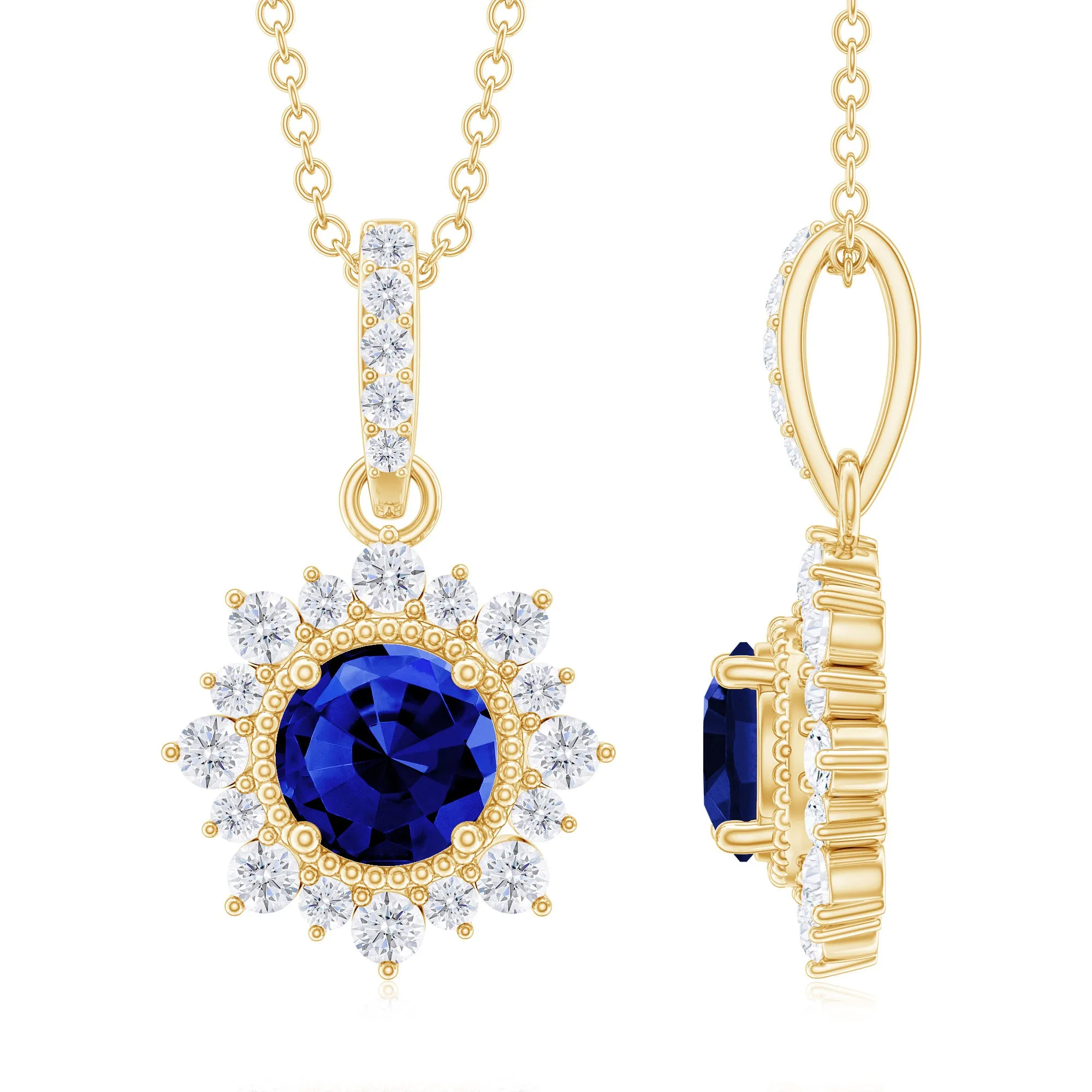 Round Created Blue Sapphire Halo Pendant with Diamond