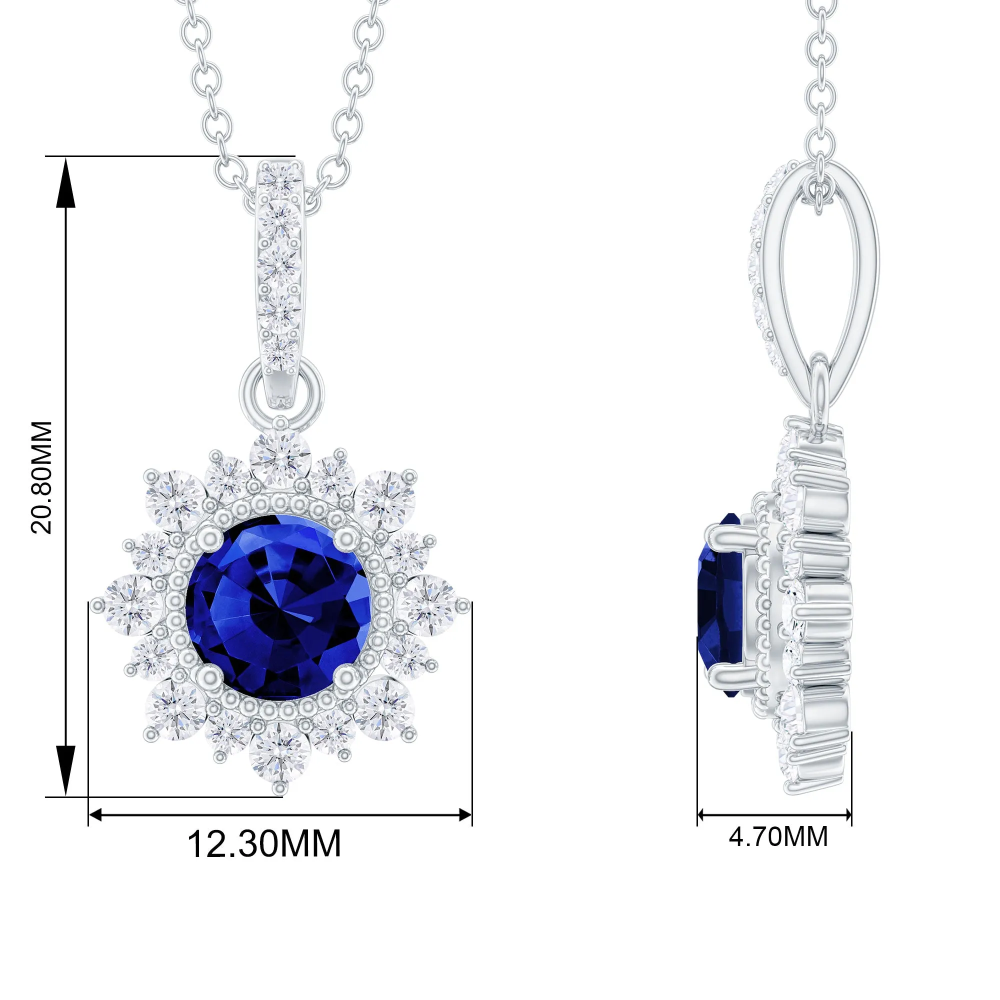 Round Created Blue Sapphire Halo Pendant with Diamond