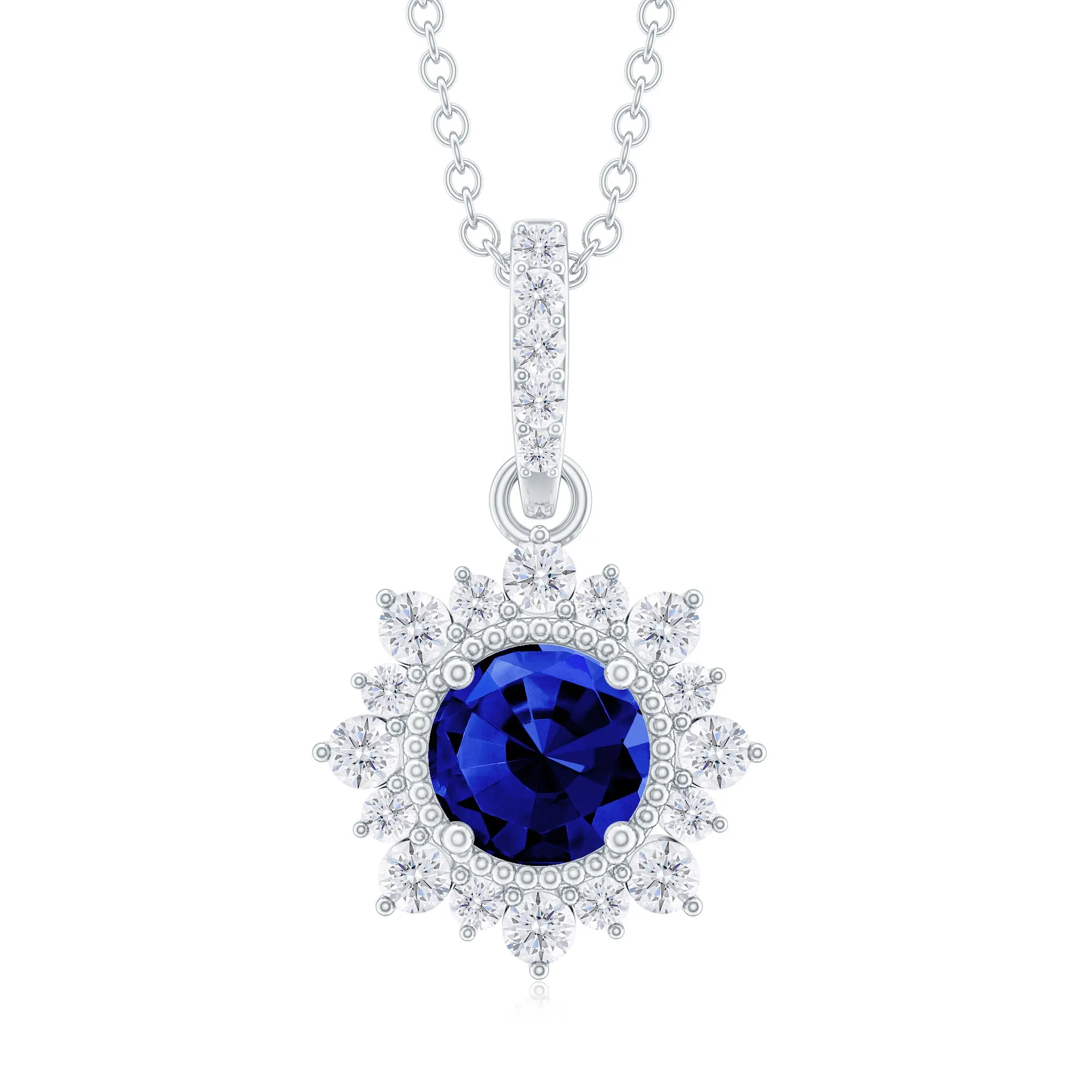 Round Created Blue Sapphire Halo Pendant with Diamond