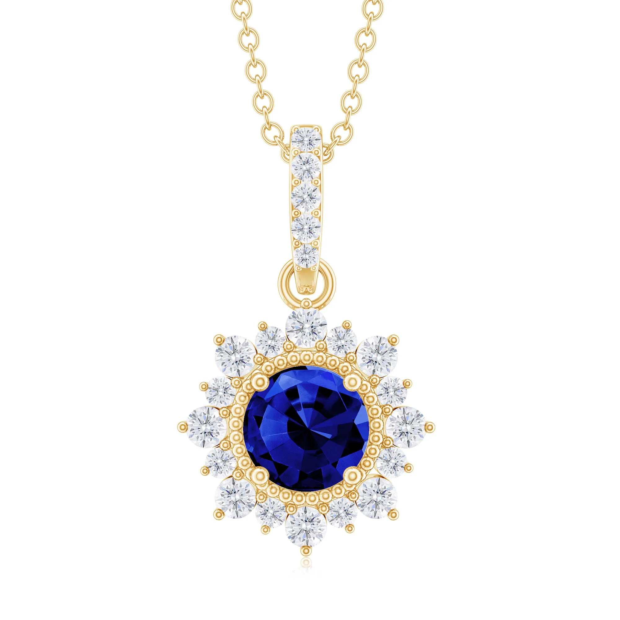 Round Created Blue Sapphire Halo Pendant with Diamond