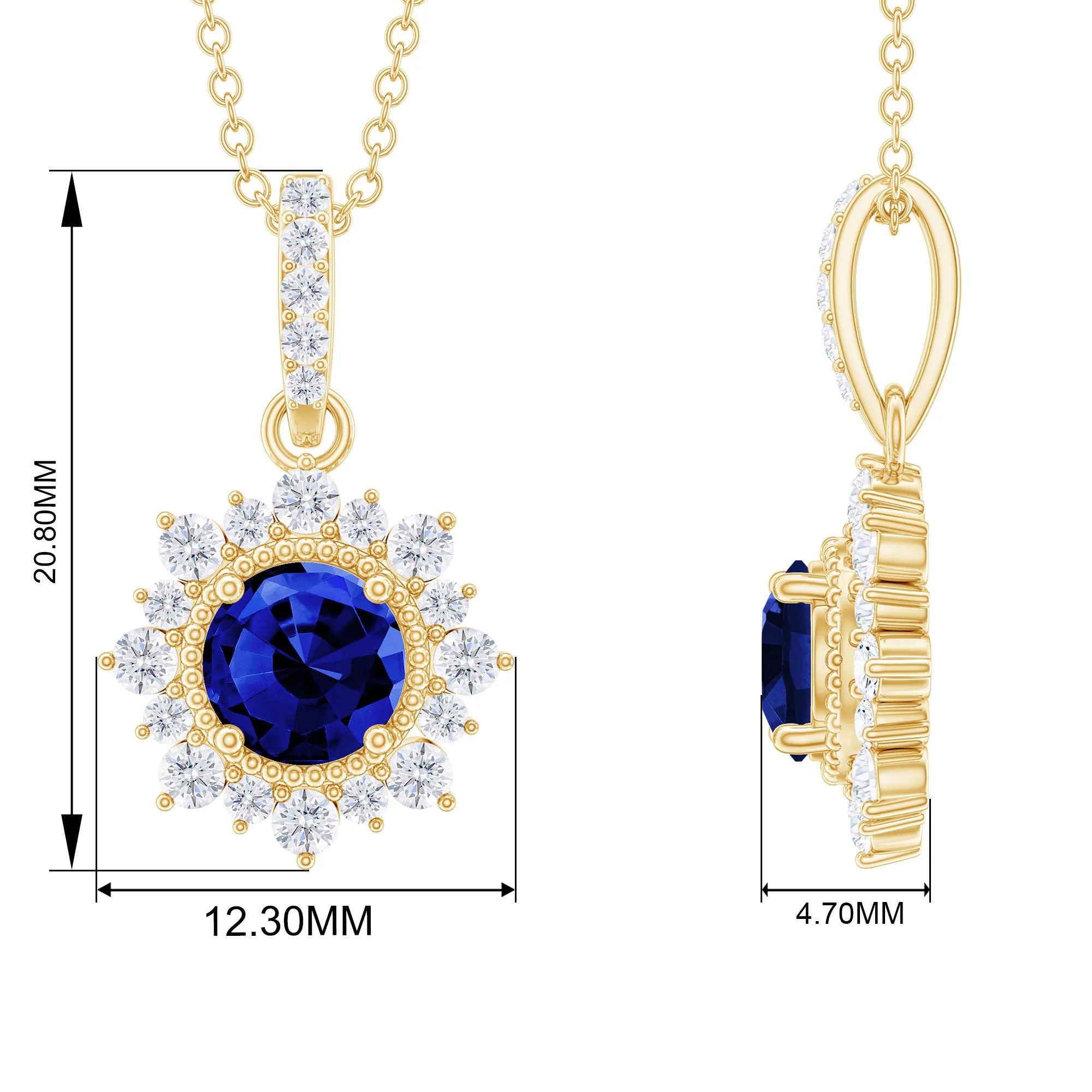 Round Created Blue Sapphire Halo Pendant with Diamond