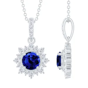 Round Created Blue Sapphire Halo Pendant with Diamond