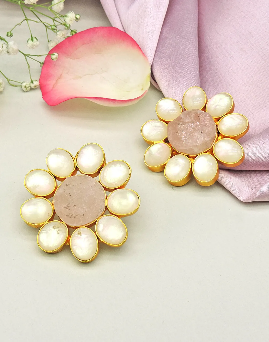 Round Flower Earrings (Rose Quartz)