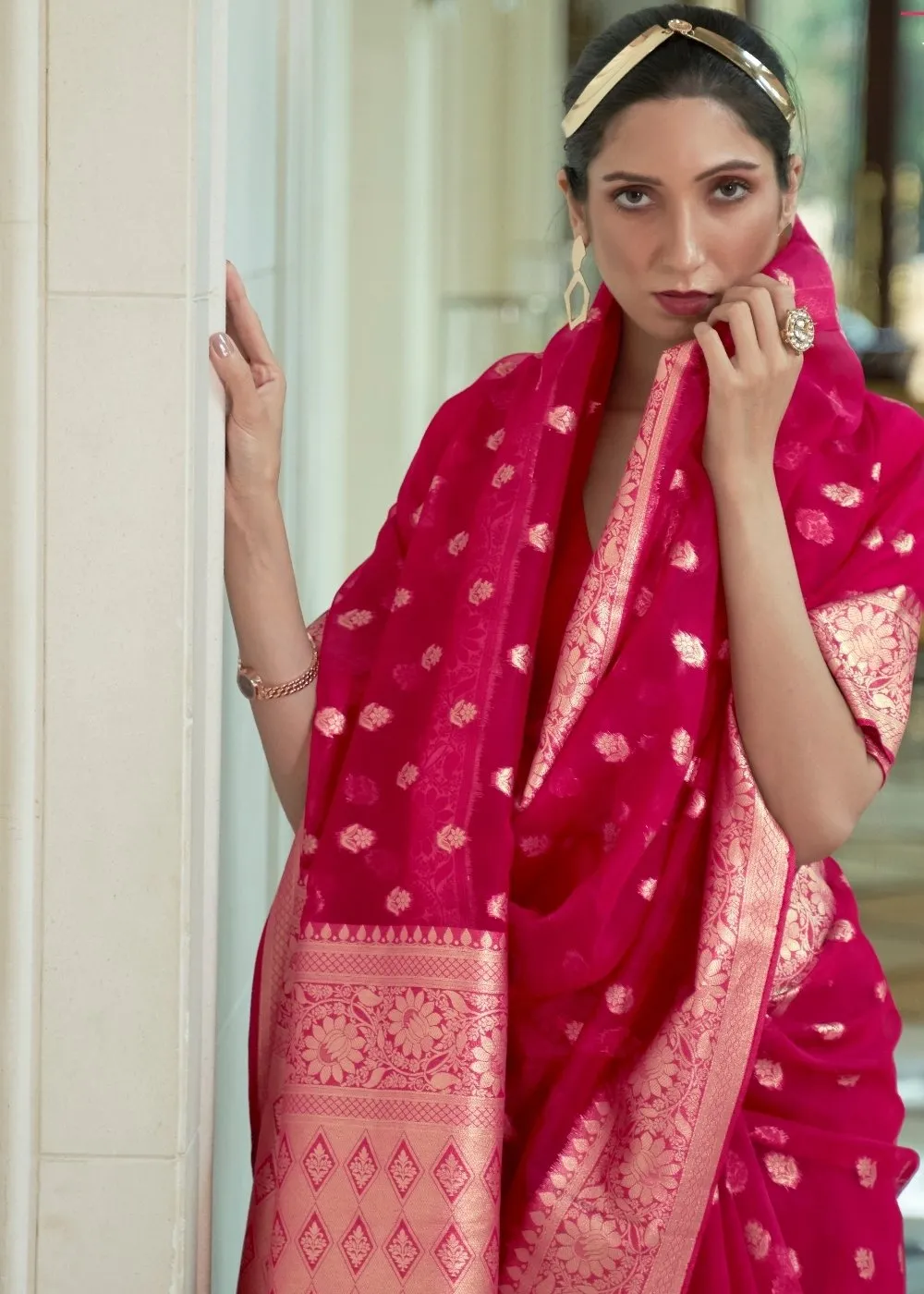 Ruby Pink Zari Woven Organza Silk Saree