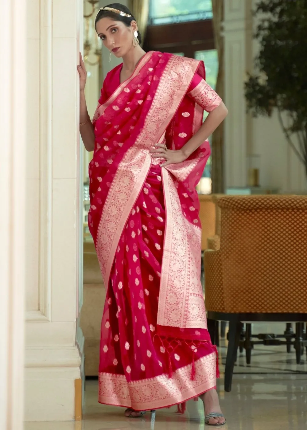 Ruby Pink Zari Woven Organza Silk Saree