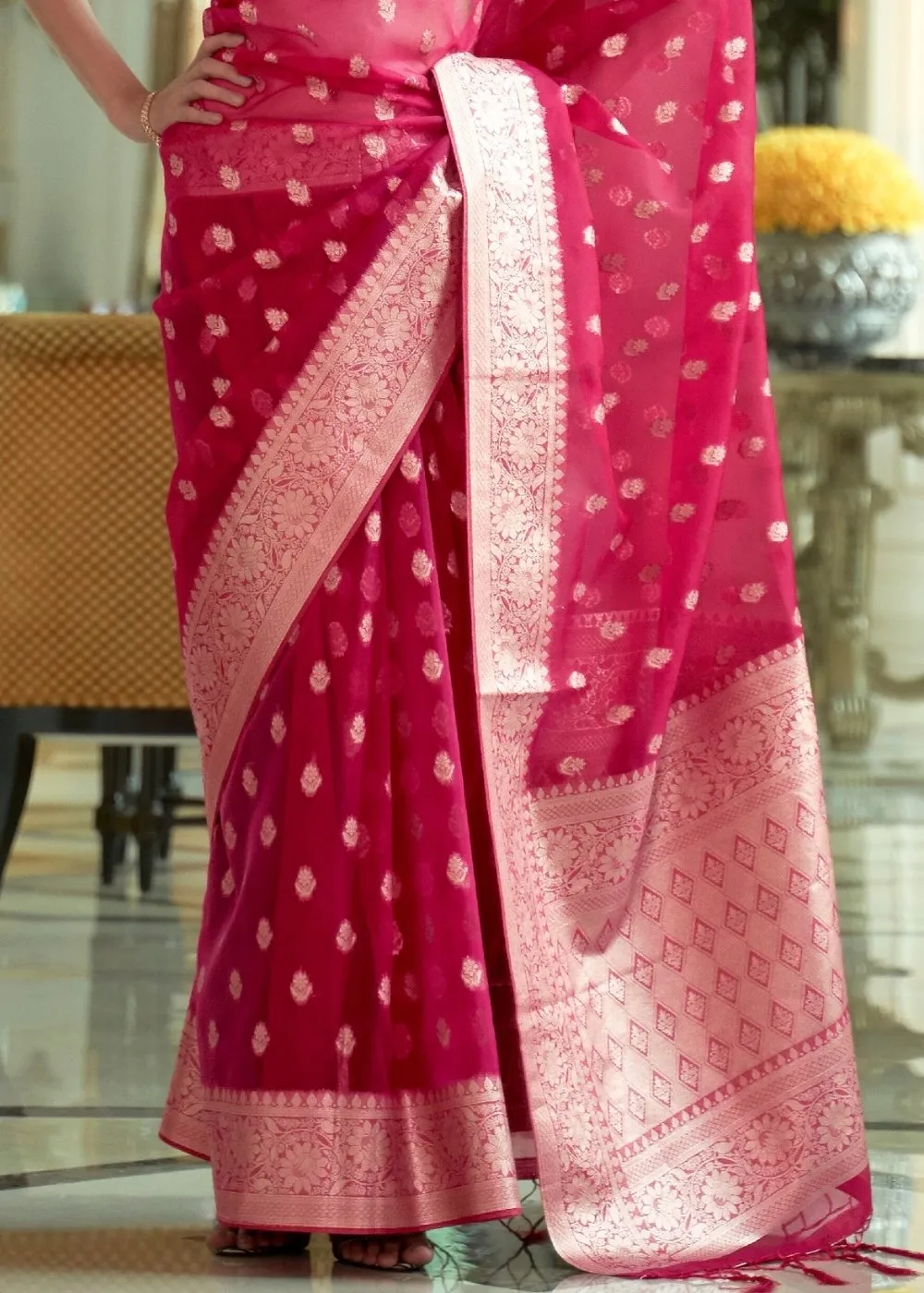 Ruby Pink Zari Woven Organza Silk Saree