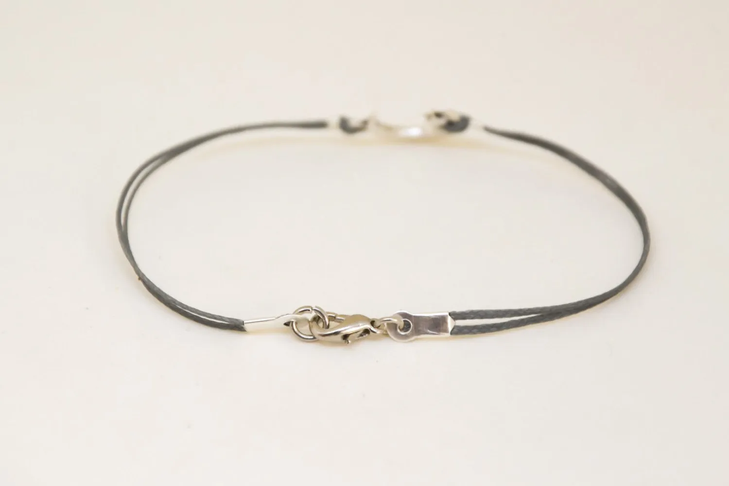 Silver crescent moon charm bracelet for men, gray cord, gift for him