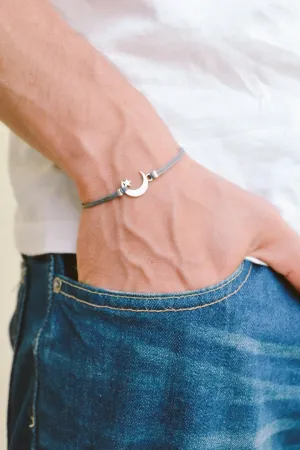 Silver crescent moon charm bracelet for men, gray cord, gift for him