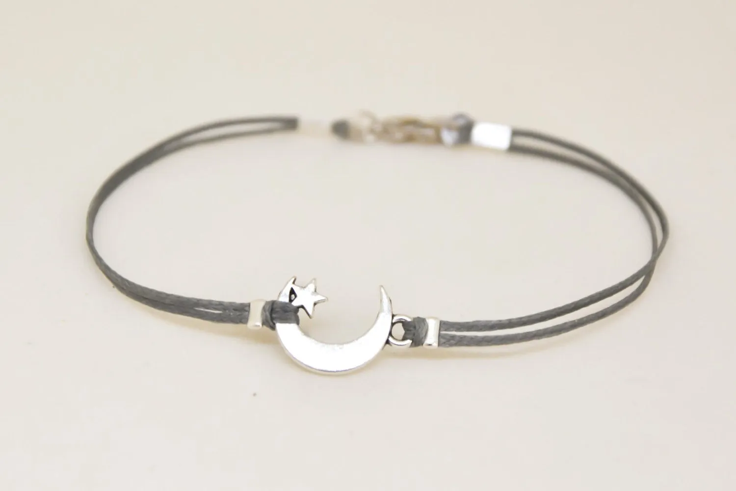 Silver crescent moon charm bracelet for men, gray cord, gift for him