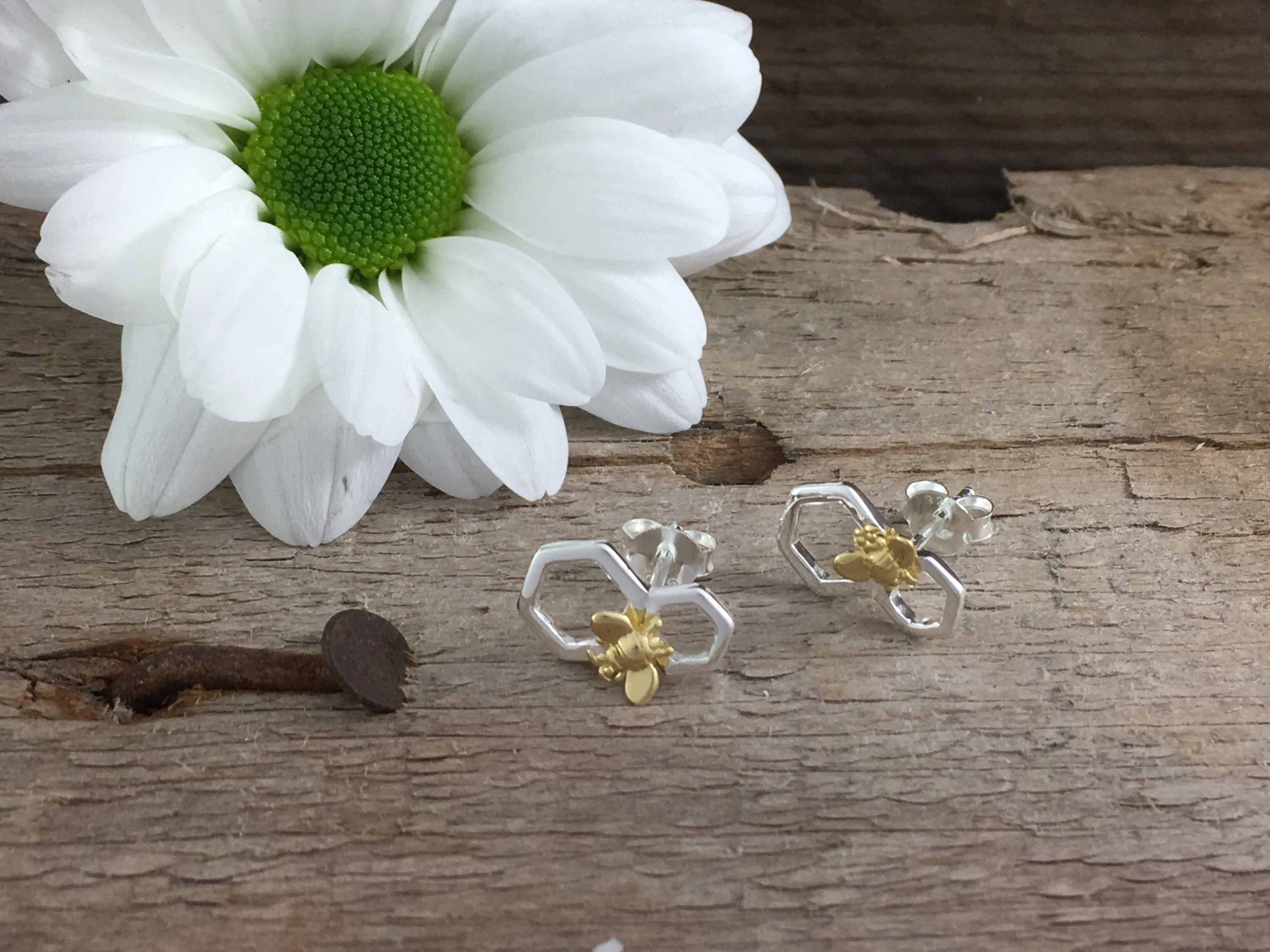 Silver Honeycomb Bee earring studs.
