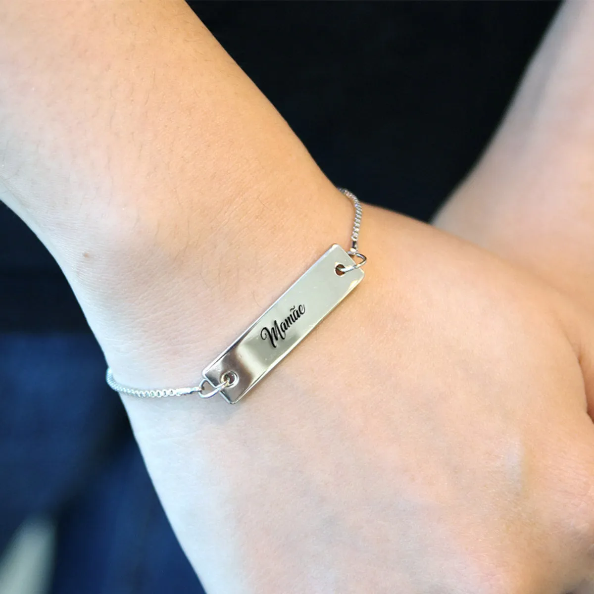 Silver Mamãe (Mom in Portuguese) Adjustable Bar Bracelet