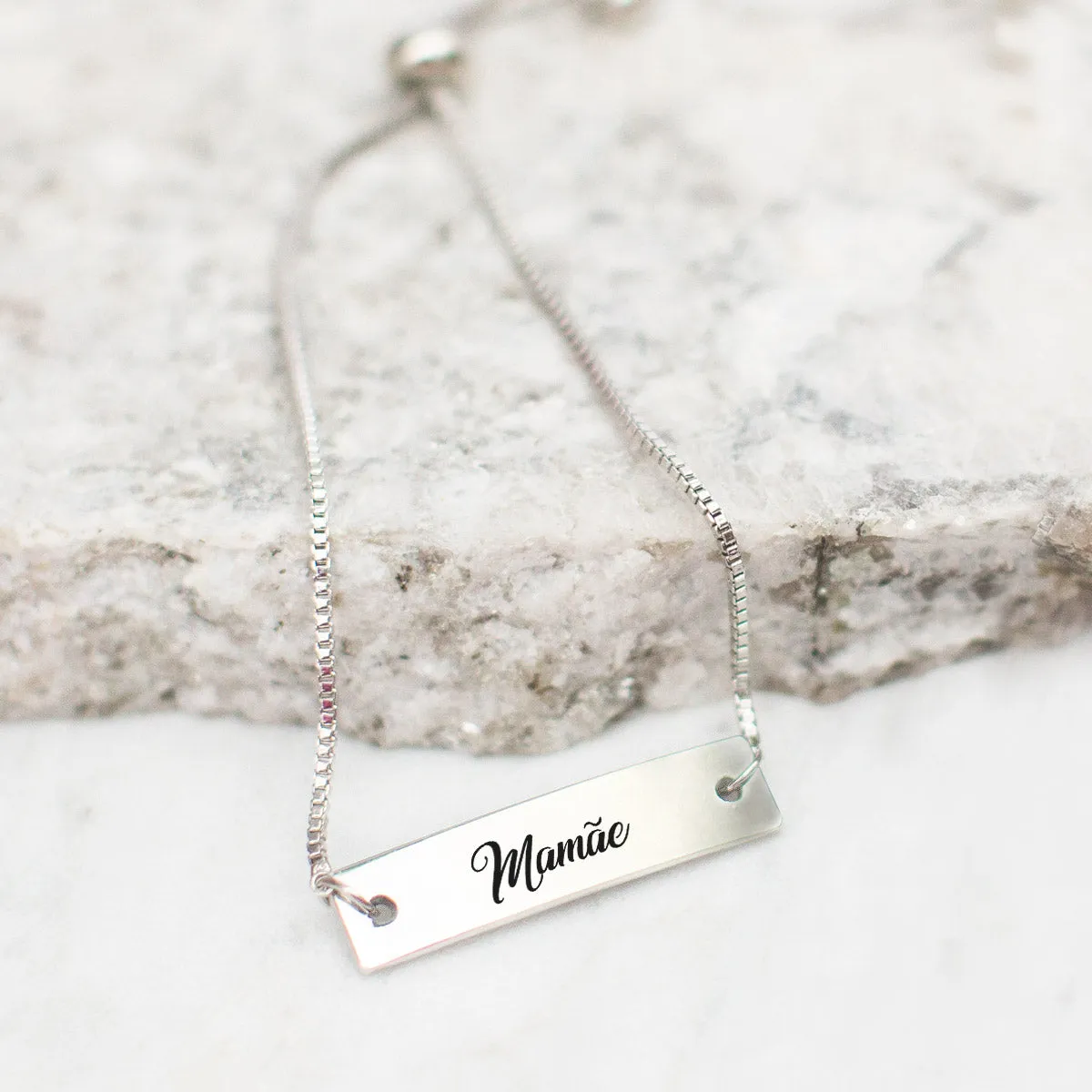 Silver Mamãe (Mom in Portuguese) Adjustable Bar Bracelet