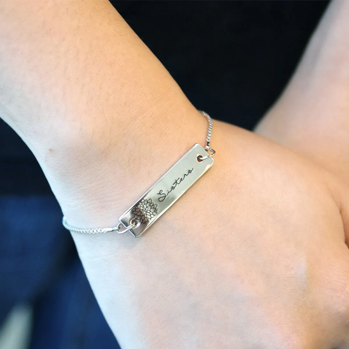 Silver Sisters are Like Flowers Adjustable Bar Bracelet