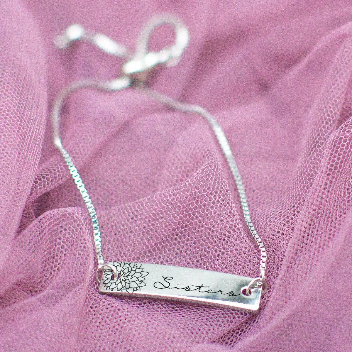 Silver Sisters are Like Flowers Adjustable Bar Bracelet