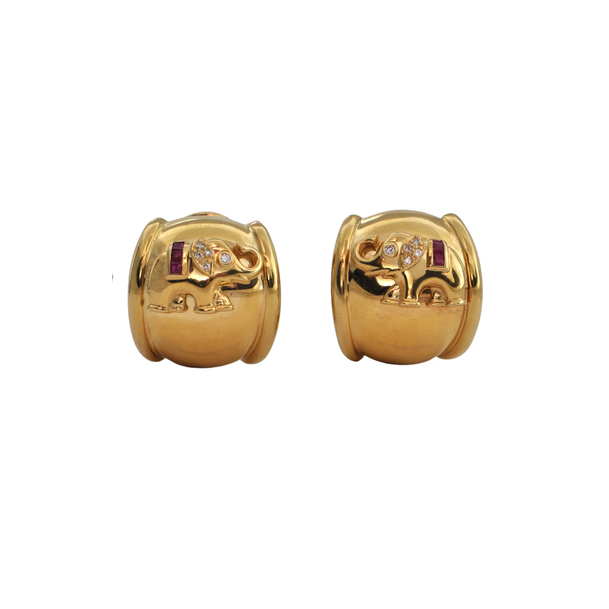 Singed 'C'est Laudier' Diamond and Ruby 18K Gold Elephant Ear Clip Earrings