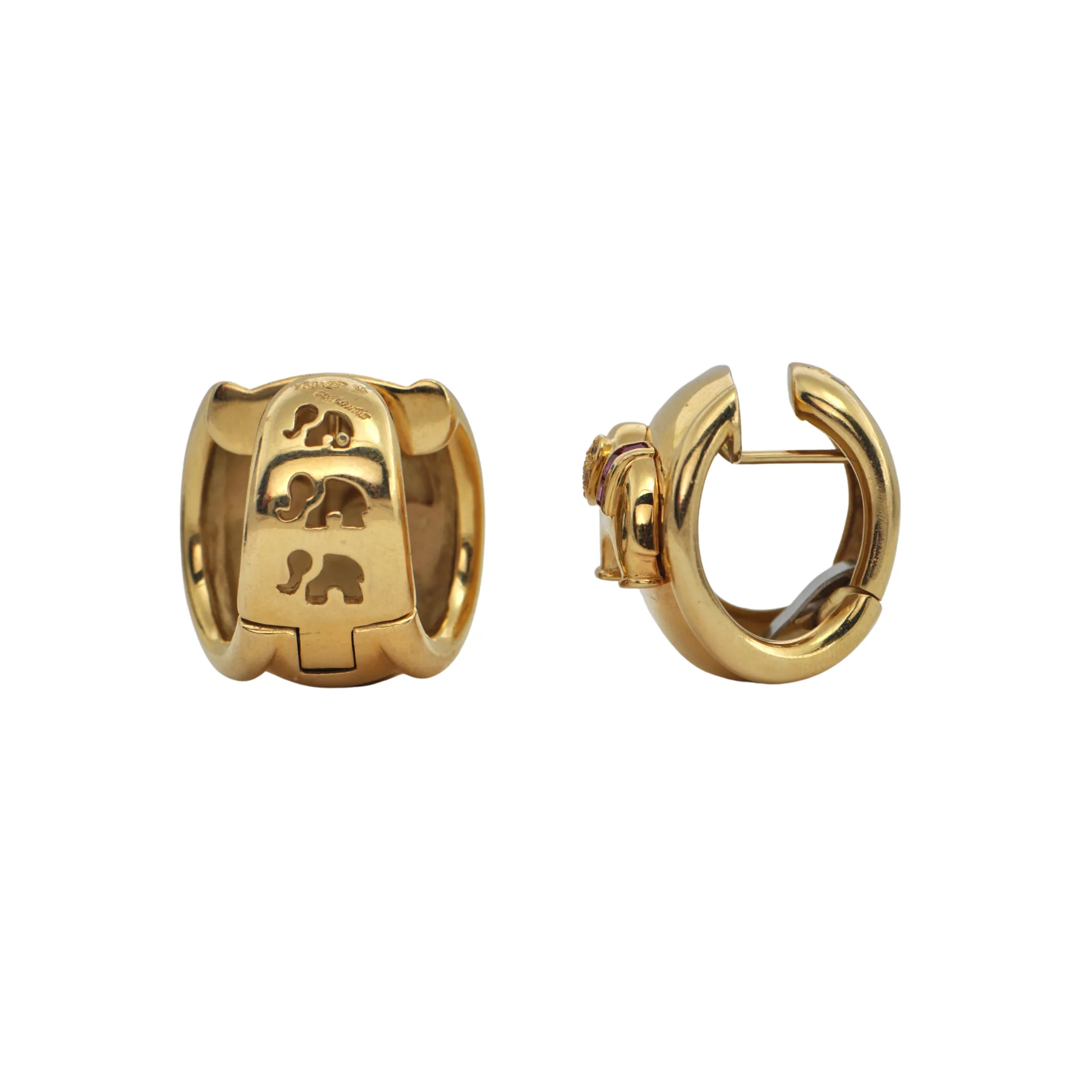 Singed 'C'est Laudier' Diamond and Ruby 18K Gold Elephant Ear Clip Earrings