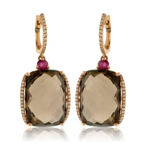 Smoky Quartz, Ruby & Diamond Dangle Earrings