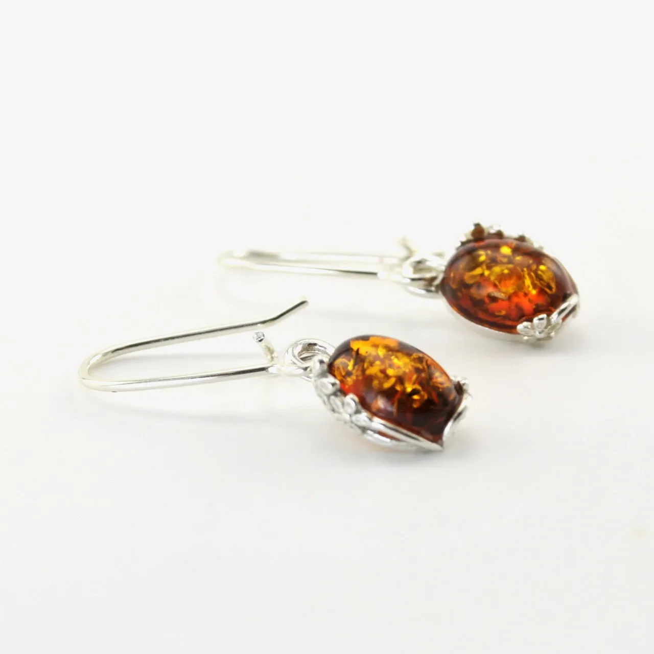 Sterling Silver Amber Oval Flower Earrings