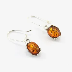 Sterling Silver Amber Oval Flower Earrings